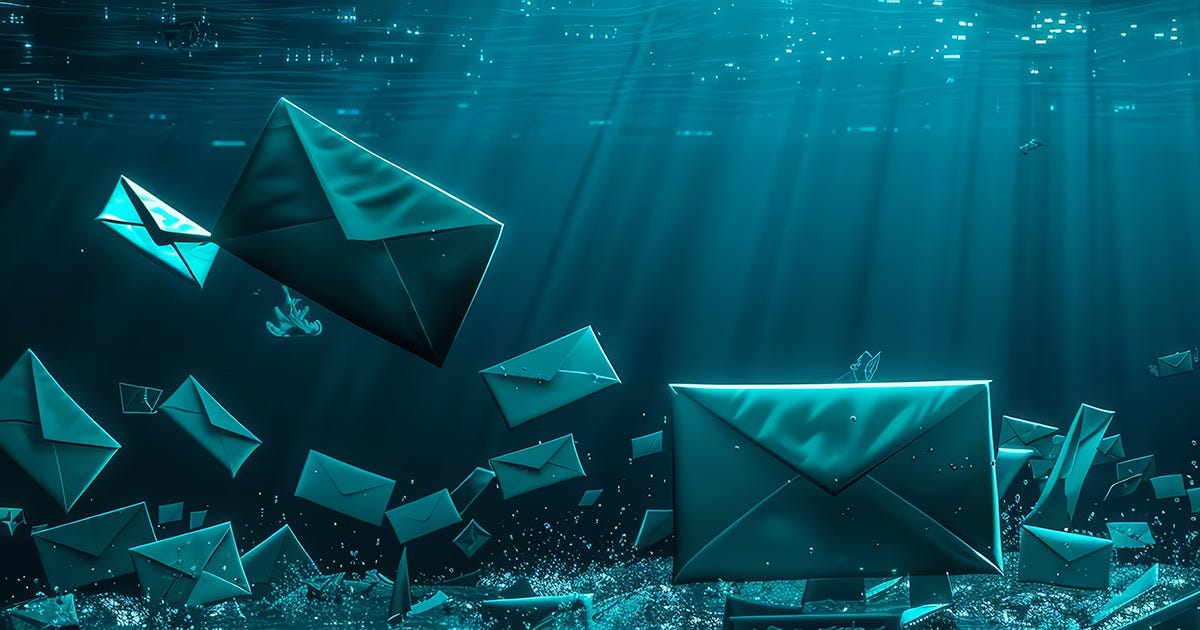 AI generated image of an undersea view with many envelopes floating in the water.