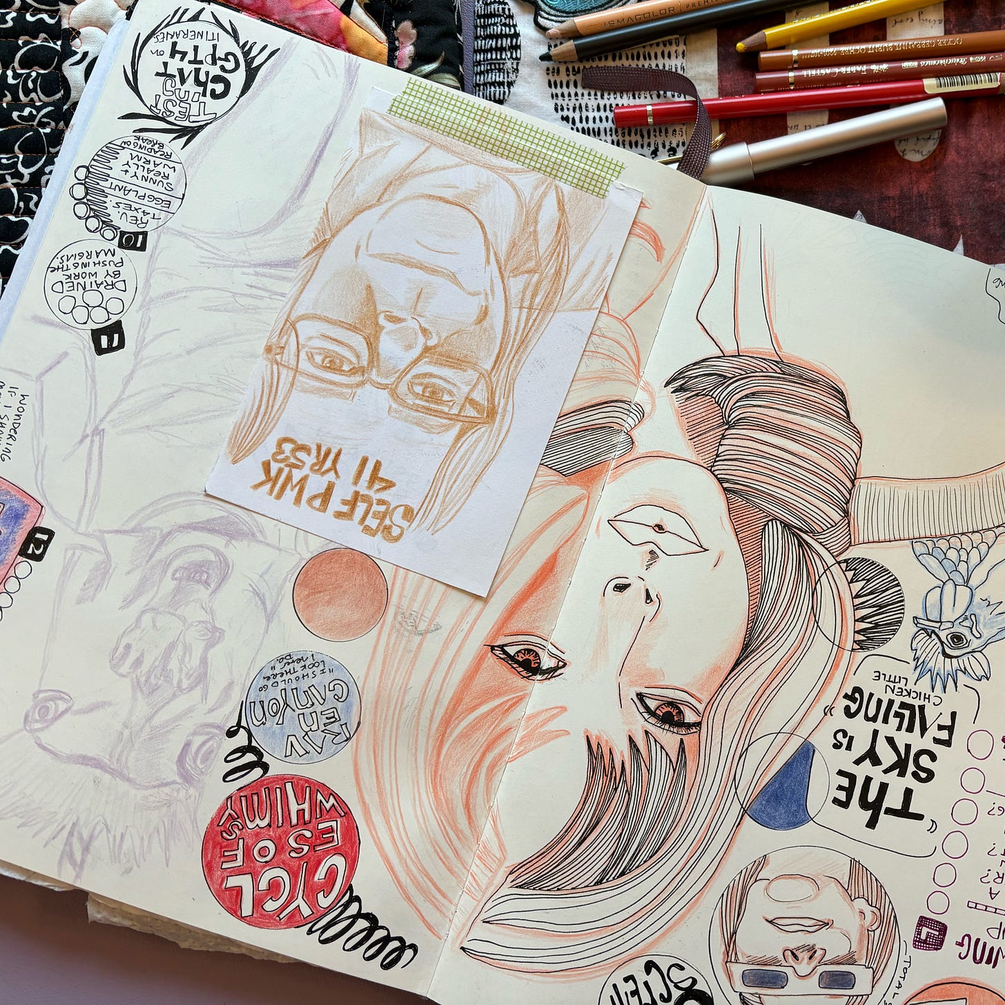 Illustrated journal pages with colored pencil