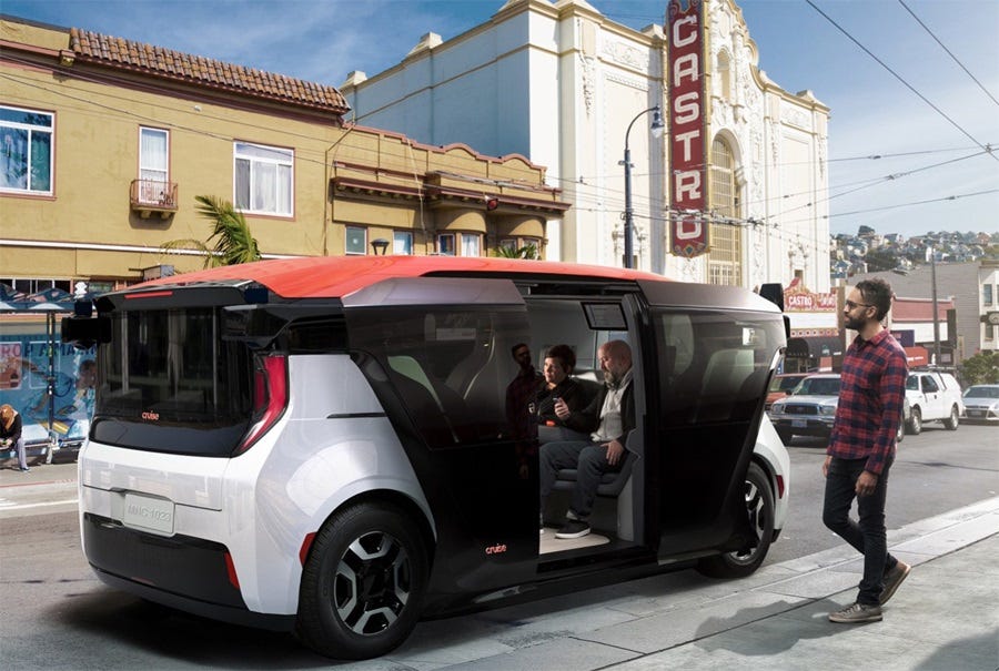 A GM digital concept illustration of a futuristic, boxy but streamlined van-sized driverless taxi on a street in San Francisco. Its sliding double glass doors, like those on a light rail train, are open to allow passengers to board. Then it EATS them.  