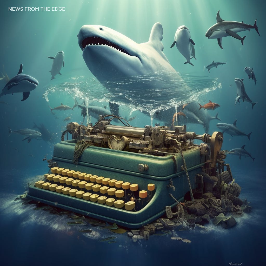 orca whales attacking a submerged Olivetti typewriter