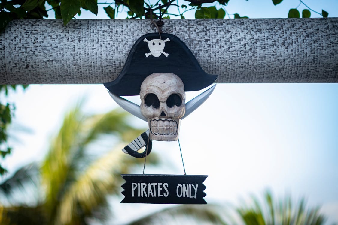 Free Decorative pirate skull sign with 'Pirates Only' text hanging outdoors on a sunny day. Stock Photo