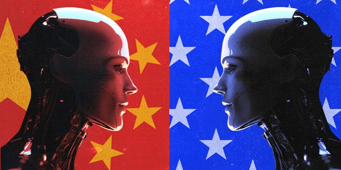 Two humanoid robots facing each other, with backgrounds split between the Chinese flag on one side and the American flag on the other.