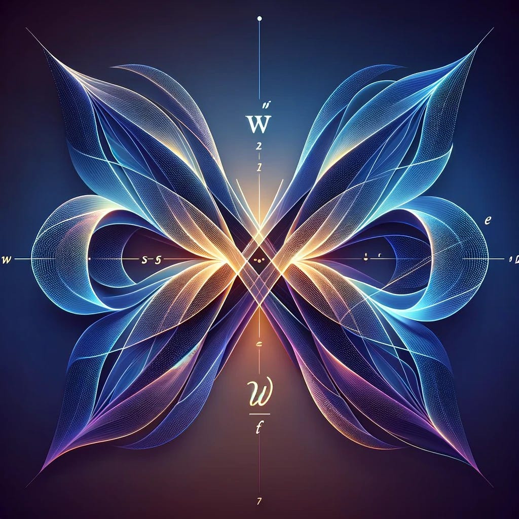 An abstract image representing the value of w in hyperbolics. The image features intertwining hyperbolic curves in a dynamic, flowing pattern, symbolizing the connection between logarithms and hyperbolic functions. The curves should be smooth and symmetric, with points of intersection that glow subtly, emphasizing their significance. Use a color palette that includes deep blues and purples, with accents of gold to highlight the key areas. The background should be a gradient transitioning from dark to light, enhancing the depth and complexity of the curves.