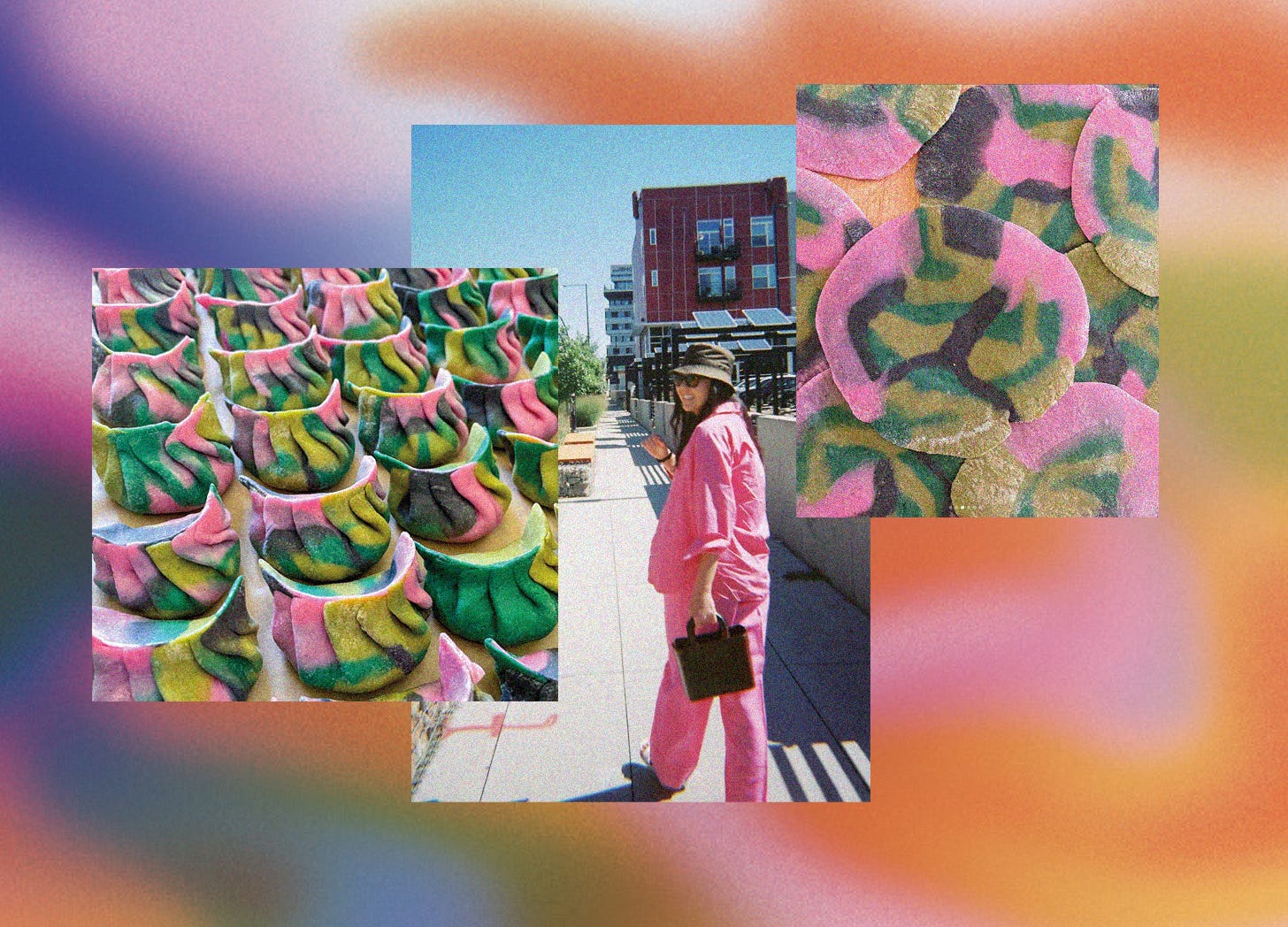Collage of Jenn Kwong with dumpling dough and finished dumplings