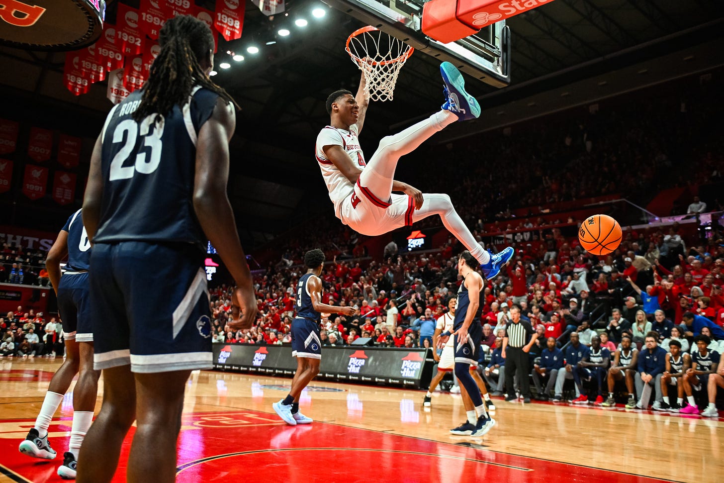 Ace Bailey dunks during No. 24 Rutgers’ 98-81 win over Monmouth on Nov. 16, 2024. (Photo courtesy of Rutgers Athletics)