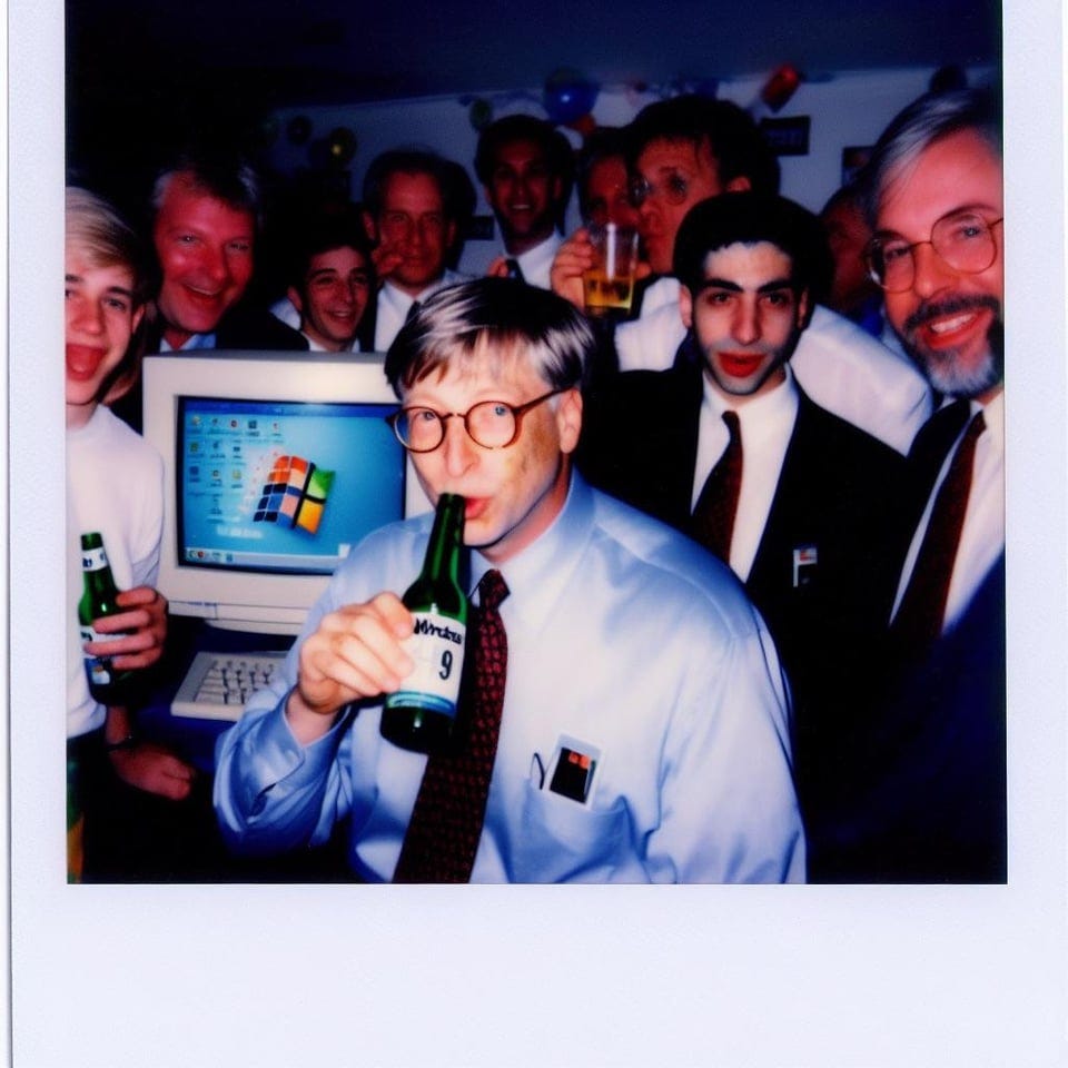 r/weirddalle - Forgotten Polaroids from the Windows 95 launch party