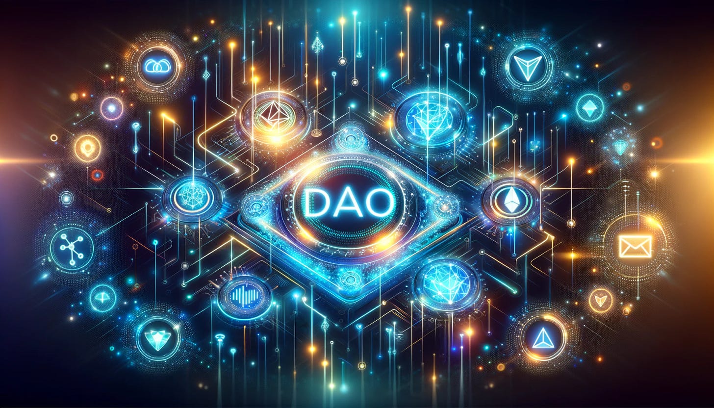 Create an image that embodies the concept of a Decentralized Autonomous Organization (DAO) with a focus on innovation and technology. The image should feature elements of digital light and circuitry, representing the interconnectedness and collaborative nature of DAOs in the cryptocurrency world. Visualize a futuristic and digital landscape that incorporates symbols of collaboration, decentralization, and the blockchain technology that powers DAOs. Include glowing lights, digital networks, and circuitry patterns to convey a high-tech and cutting-edge atmosphere. The design should evoke a sense of community and technological advancement, appealing to cryptocurrency enthusiasts who value the principles of decentralization and innovation. The color scheme should be dynamic, with vibrant blues, greens, and other colors that highlight the digital and futuristic theme. Size: 1792x1024.