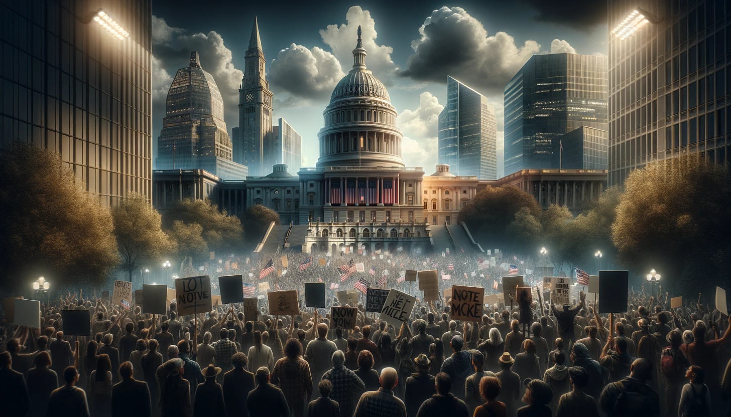 A realistic depiction of a public protest in the United States with dramatic buildings in the background. The scene is wide and captures a large crowd of diverse protesters holding signs and banners. The background features iconic American architecture, such as government buildings and skyscrapers, with dramatic lighting that adds to the intensity of the scene. The atmosphere is charged with energy and determination.