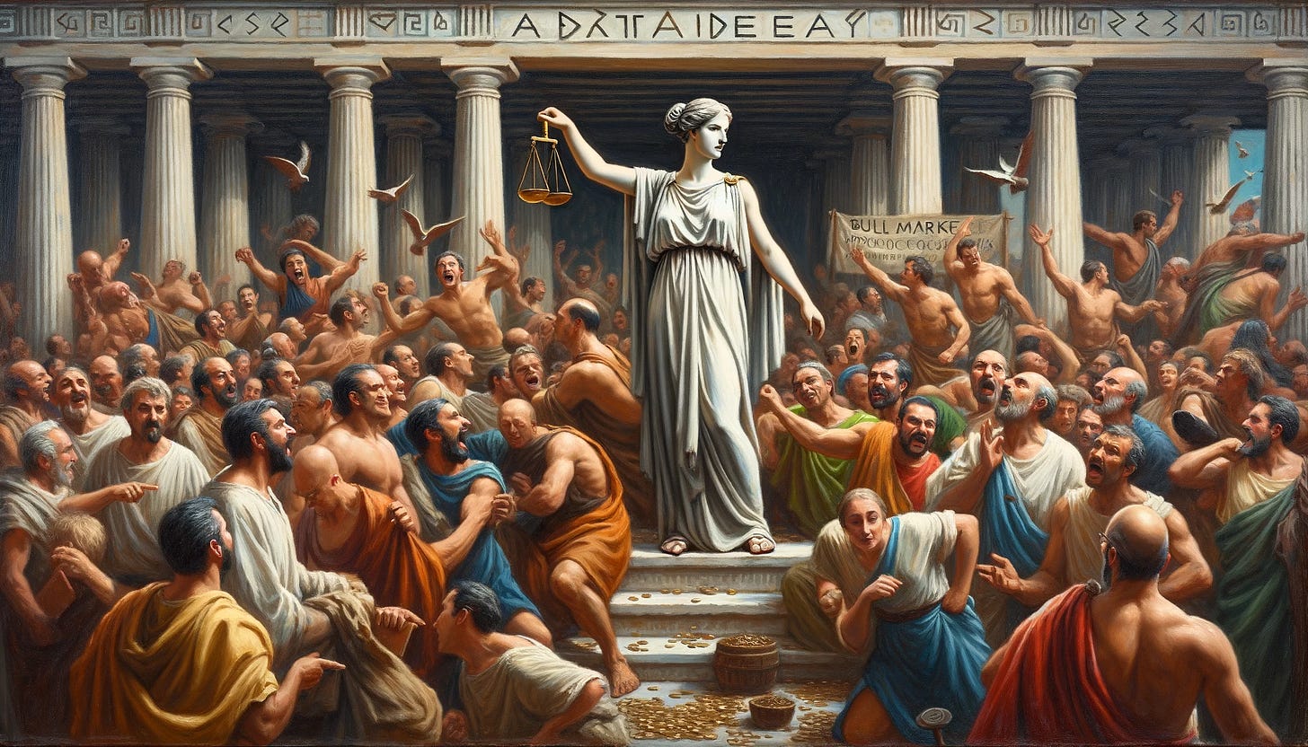 In the oil painting, the Ancient Greek marketplace is lively and animated. Traders and merchants are exuberantly gesturing and shouting, with some holding signs or banners that read "Bull Market" in Ancient Greek script, showing their excitement about the market's positive trend. Amidst this fervent atmosphere, the figure of Anaideia stands out prominently. She is calm, composed, and visibly skeptical, a stark contrast to the surrounding euphoria. Her discerning eyes and firm posture reflect her prudent and critical approach. Anaideia holds a balance scale, signifying her commitment to careful analysis, and a sword, representing readiness to act when truly convinced. The distinct difference between the ecstatic crowd and her restrained, skeptical demeanor highlights her ability to stay grounded and cautious during times of market exuberance.