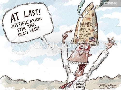 iraqi warfare cartoon with nick anderson's editorial cartoons and the caption At last! Justification for the Iraq war! WMDs (made in the U.S. and Europe) ca 1980s. Right Wing. by Nick Anderson