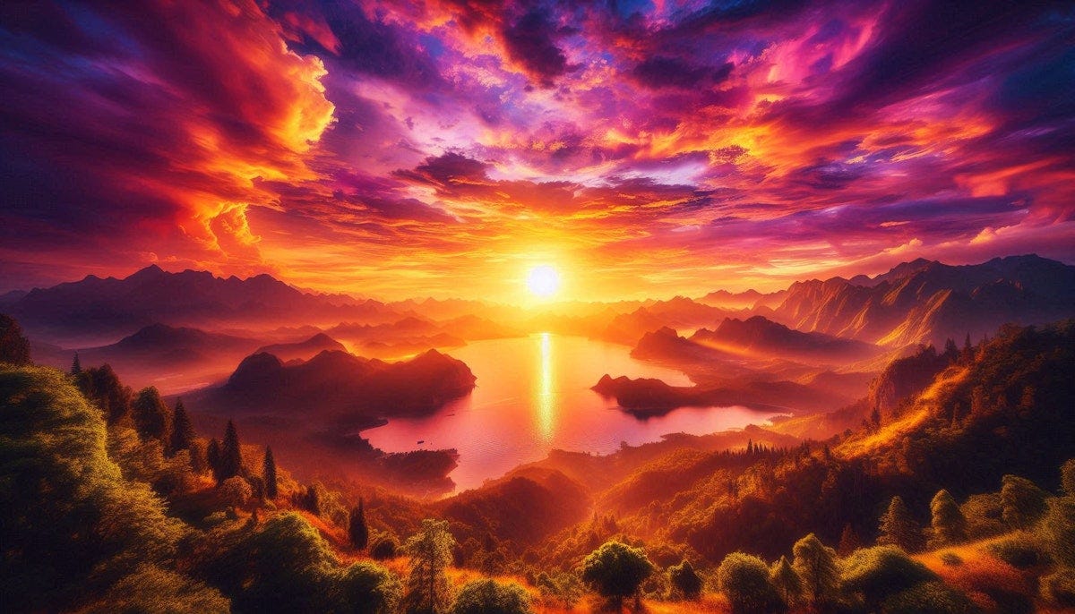 "The most beautiful sunrise ever seen with the sun visible fully, with mountains, Bright colors, vivid hues, amazing picture, water and trees, multicolored sky, an awesome, awe-inspiringly beautiful image."