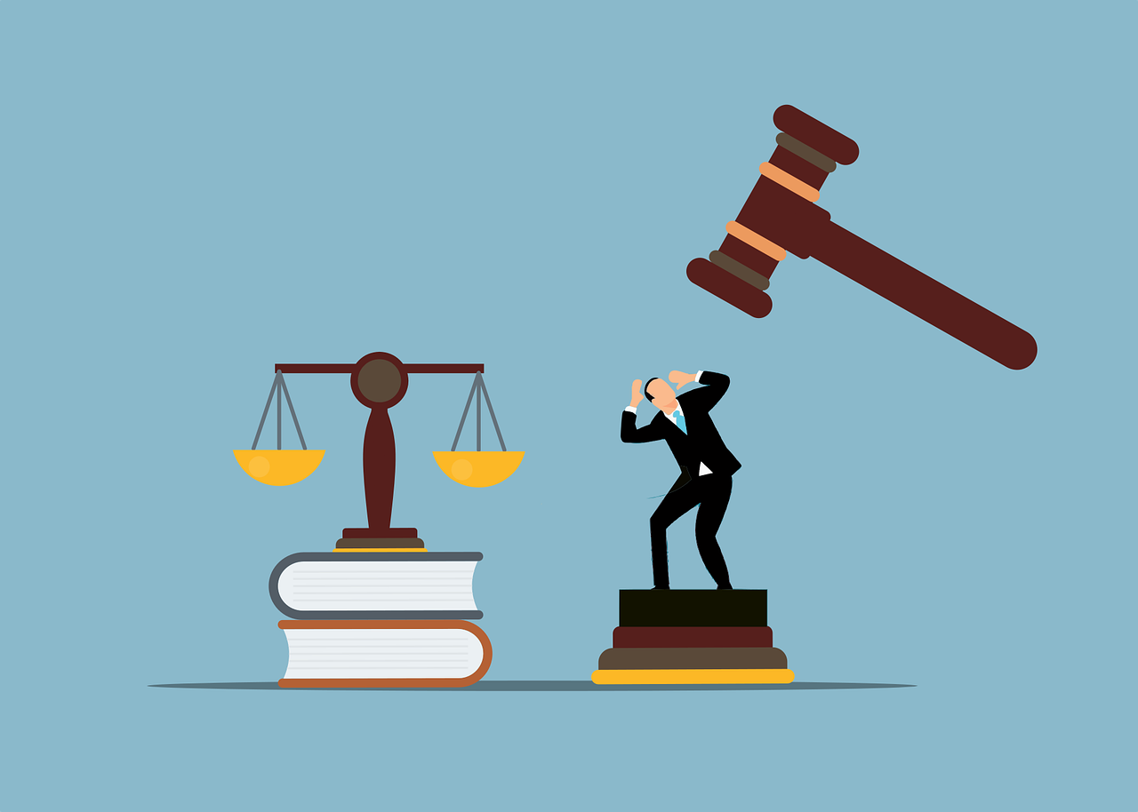 illustration showing the scales of justice next to a small man about to be hammered by the gavel of power