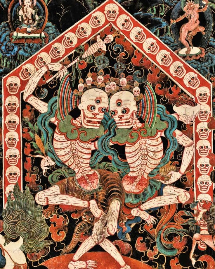 This may contain: an ornate painting with skeletons and people on it