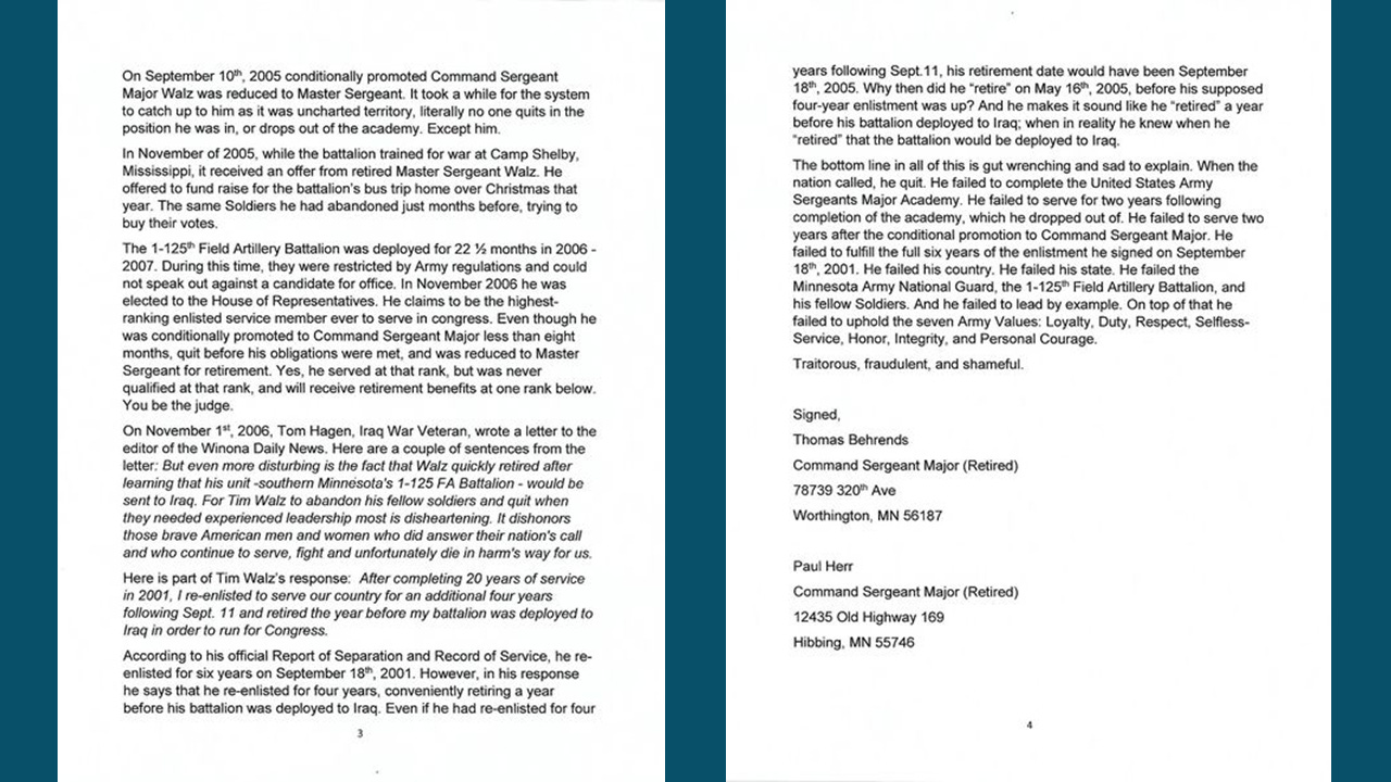 Pages 3 and 4 of open letter from Minnesota Guardsmen about Tim Walz.