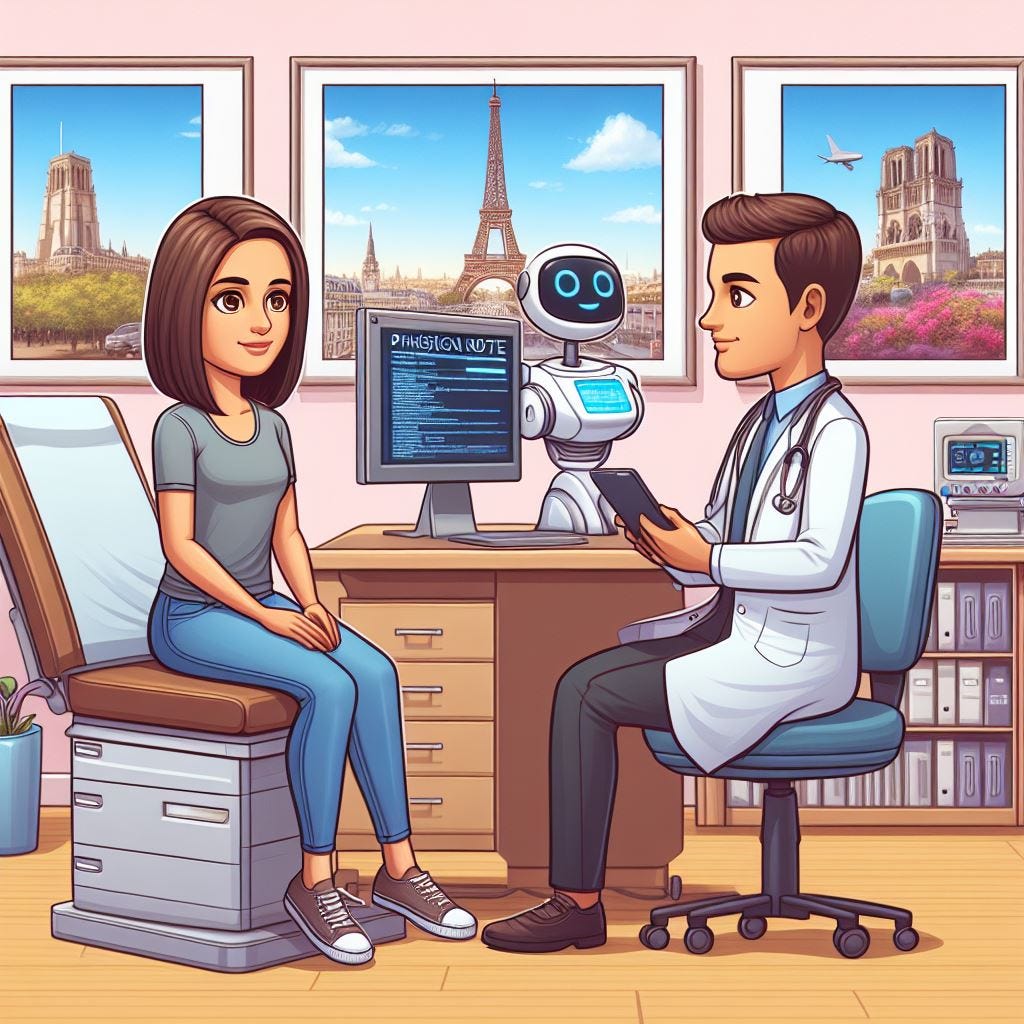A cartoon version of an AI copilot standing in the background of an exam room with photos of Paris France on the wall with a doctor sitting across from a patient while on the computer screen behind them a physician note is being generated on the screen.