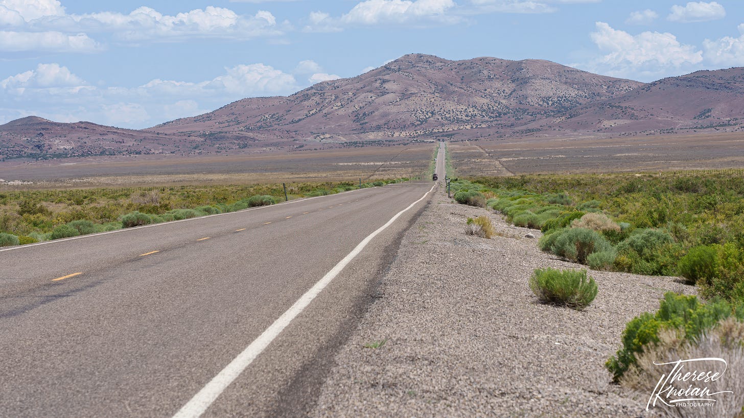 Looking along a stretch of the Loneliest Road in Nevada