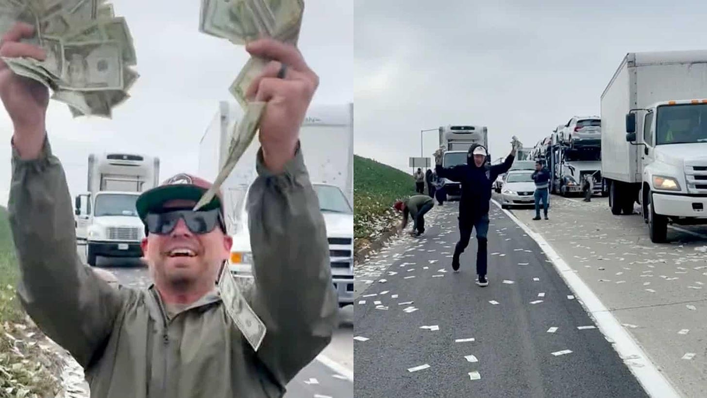 Photos of people picking up cash on the highway after an armored cash truck's door opened unintentionally and cash spewed out. Happened in 2021 on a California highway.