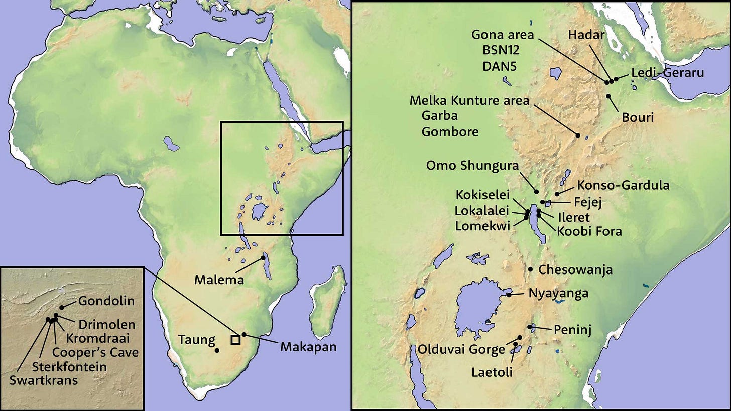 Map of Africa with insets of the East African Rift System and Cradle of Humankind area of South Africa, with sites labeled Map of Africa with insets of the East African Rift System and Cradle of Humankind area of South Africa, with sites labeled