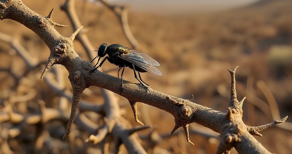 The image shows a close-up of a fly perched on a dry, thorny branch. The fly is black with iridescent green and gold highlights on its body, and its wings are translucent, reflecting the light. The thorny branch has a rough texture and sharp spikes, with a desert-like, dry background out of focus, suggesting an arid environment. The focus is on the fly and the branch, with the rest of the background appearing blurred, giving a sense of isolation and harshness in the environment.