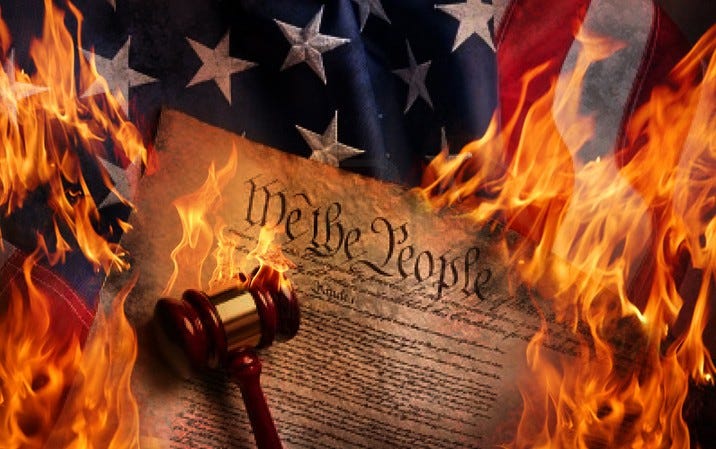 us flag topped by We the People, with a gavel and fire all around