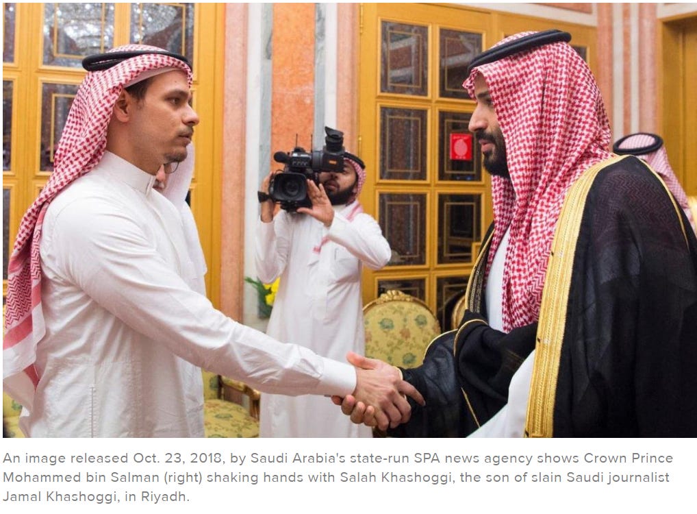 Crown Prince Mohammed bin Salman shakes hands with Salah Khashoggi son of slain journalist Jamal Khashoggi