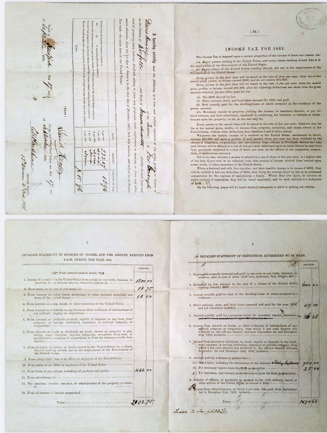 Income tax forms, filled out, from 1860s