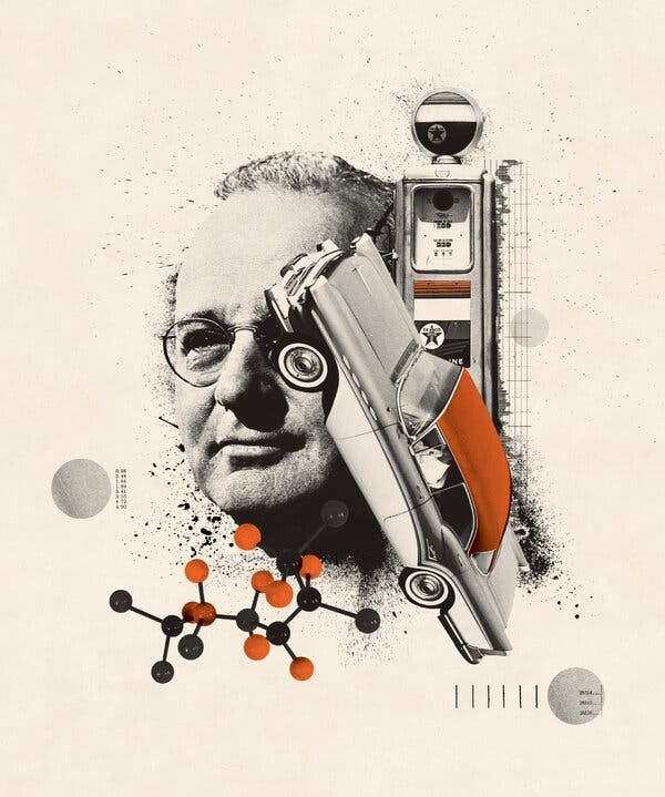A photo illustration collage showing Thomas Midgley Jr.’s face, an old-fashioned car, a gas pump and a model of a molecule.