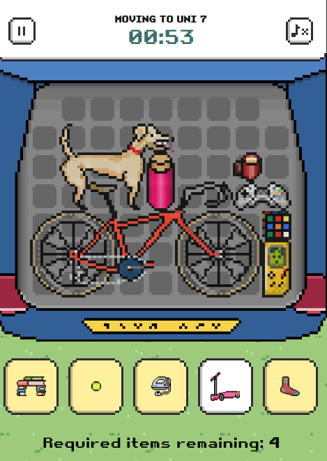 Screenshot of a pixel video game featuring the trunk of a car and miscellaneous items such as a dog, a bike, books, socks and more.