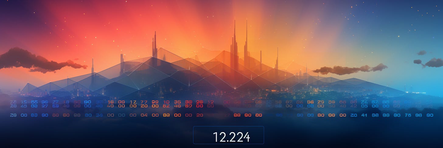 A digital landscape depicting a low-poly city skyline transitioning from dawn to dusk under a starry sky, overlaid with a numerical grid and a prominent "12.224" in the foreground.