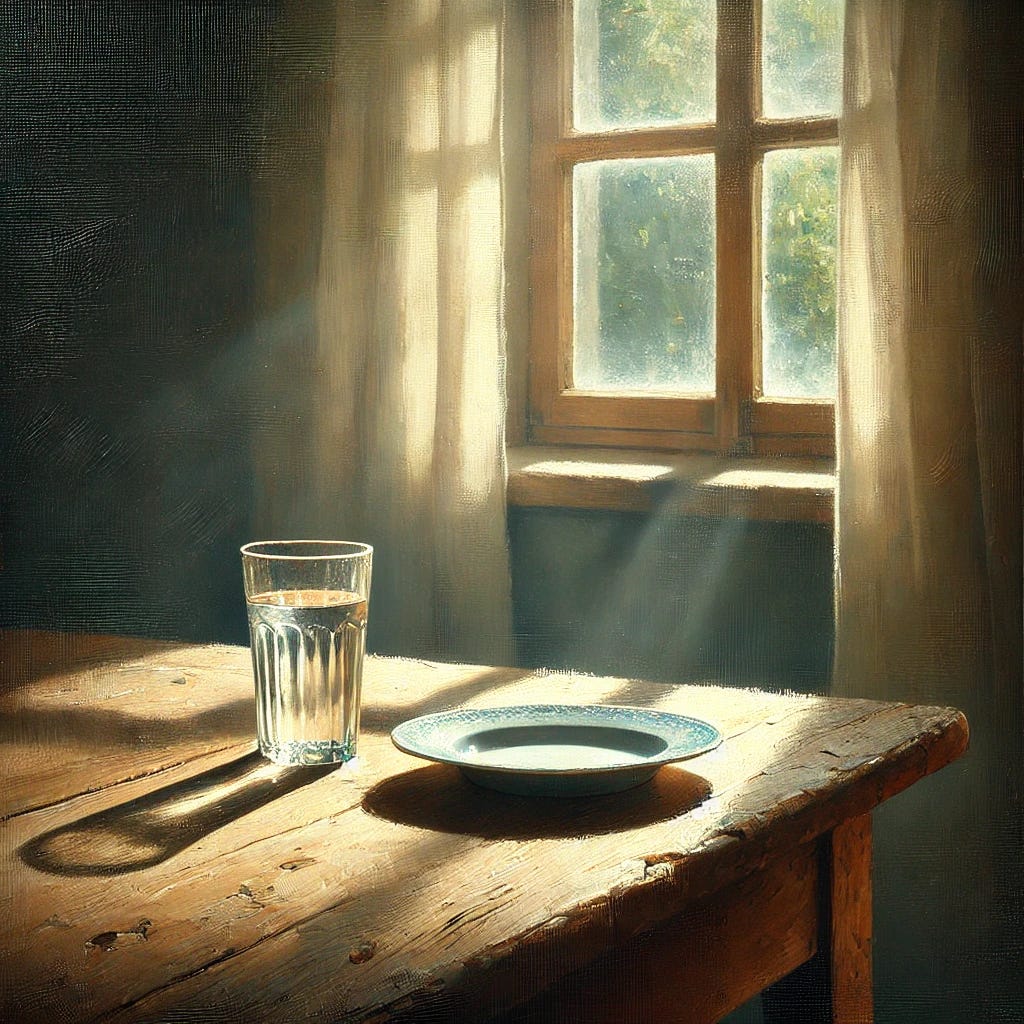 A beautiful oil painting focused on the concept of fasting. The scene shows a serene and peaceful setting with an empty plate and a single glass of water on a simple wooden table, symbolizing abstention from food. Soft, natural light streams in from a window, casting gentle shadows, evoking a sense of calm and contemplation. The background is minimalistic and tranquil, enhancing the feeling of inner peace and self-control. The painting style is classic, with rich textures and brushstrokes, reminiscent of traditional oil paintings.