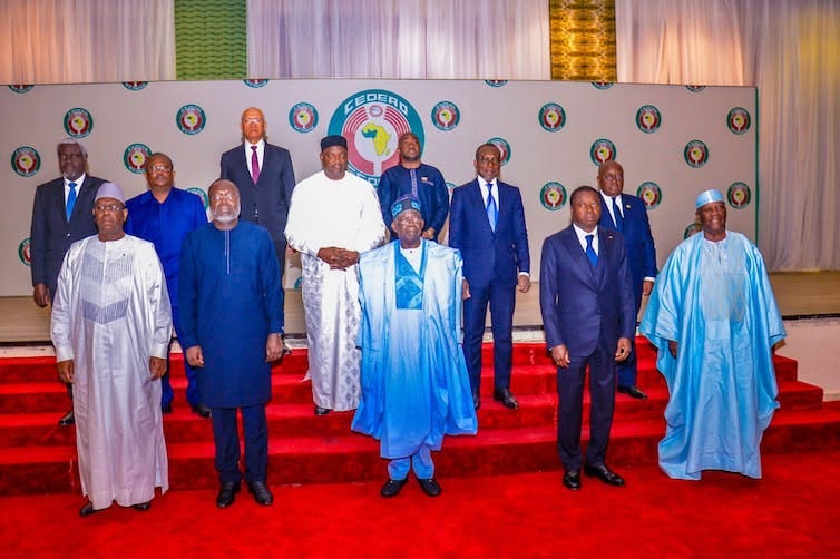 Ecowas defence ministers posing for a 'family photo' at a summit meeting in Abuja, Nigeria, August 2023.