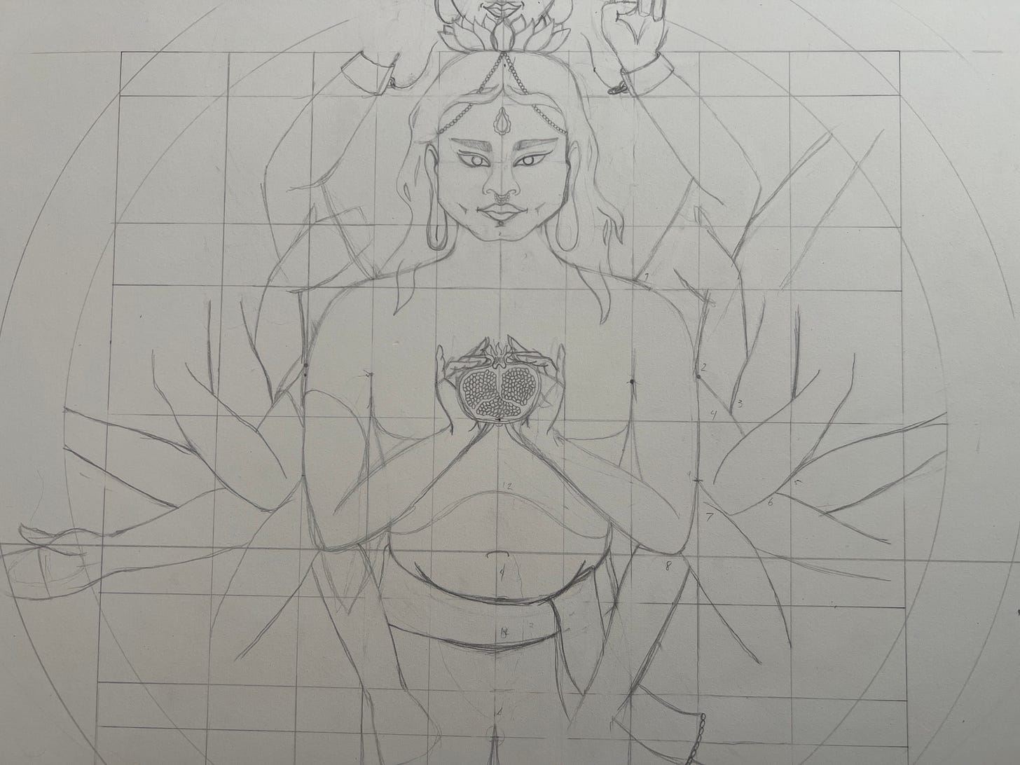 Photo taken in June 2023. Chenrezig’s face and core figure on the grid, 18 of their thousand arms partially sketched in. The lines of the grid frame the figure, guiding the scale and dimensions of the Bodhisattva.