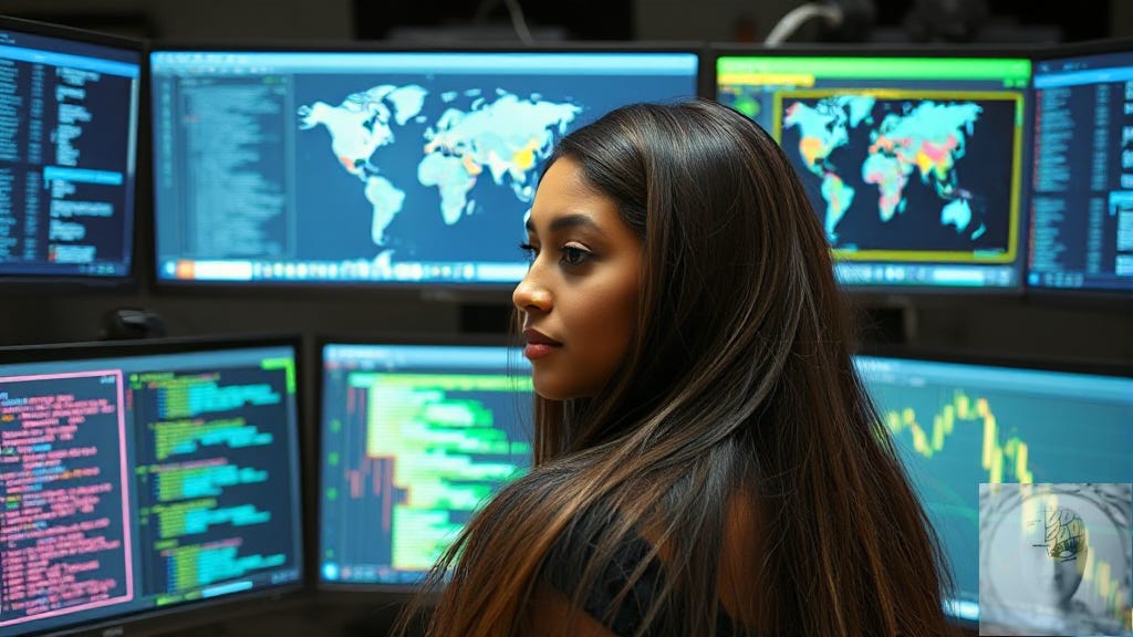 south indian woman in front of computer screens filled with diverse data