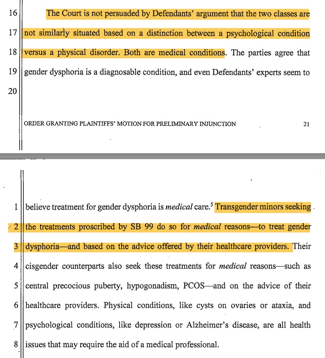 The Court is not persuaded by Defendants' argument that the two classes are n o t similarly situated based on a distinction between a psychological condition v e r s u s a physical disorder. Both are medical conditions. The parties agree that gender dysphoria is a diagnosable condition, and even Defendants' experts seem to elieve treatment for gender dysphoria is medical care. Transgender minors seeking : 2 the treatments proscribed by SB 99 do so for medical reasons--to treat gender 3 dysphoria-and based on the advice offered by their healthcare providers. Their 4 cisgender counterparts also seek these treatments for medical reasons such as 5 central precocious puberty, hypogonadism, COS and on the advice of their 6 healthcare providers. Physical conditions, like cysts on ovaries or ataxia, and psychological conditions, like depression or Alzheimer's disease, are al health issues that may require the aid of a medical professional.