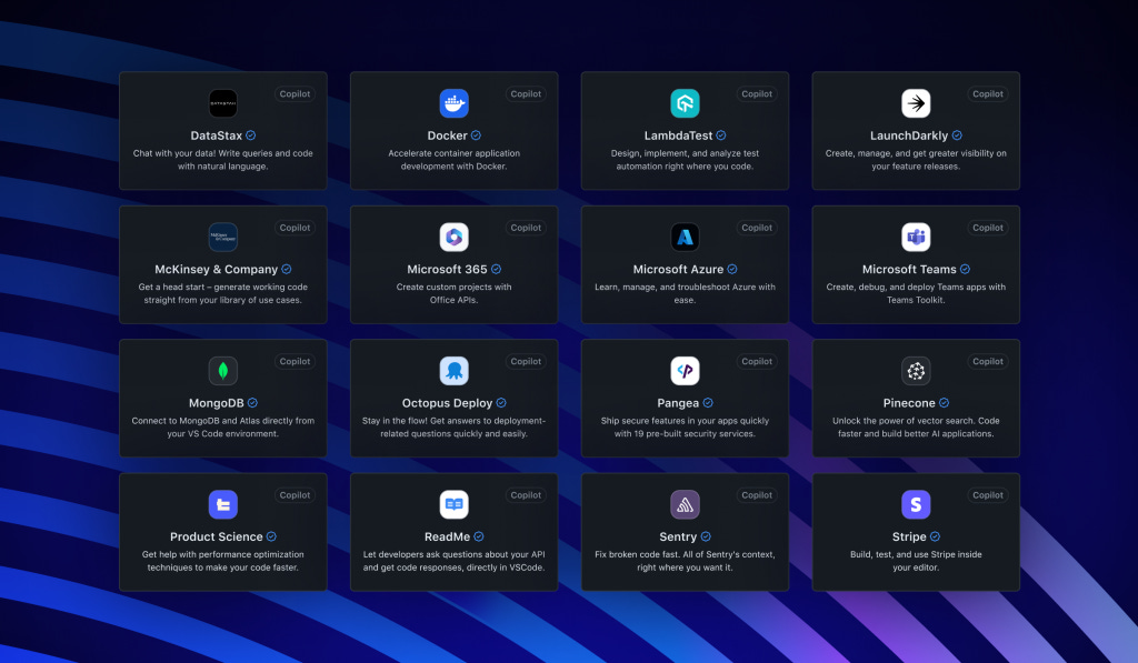 Sixteen GitHub Copilot Extensions from GitHub Copilot partners laid out as grid of tiles