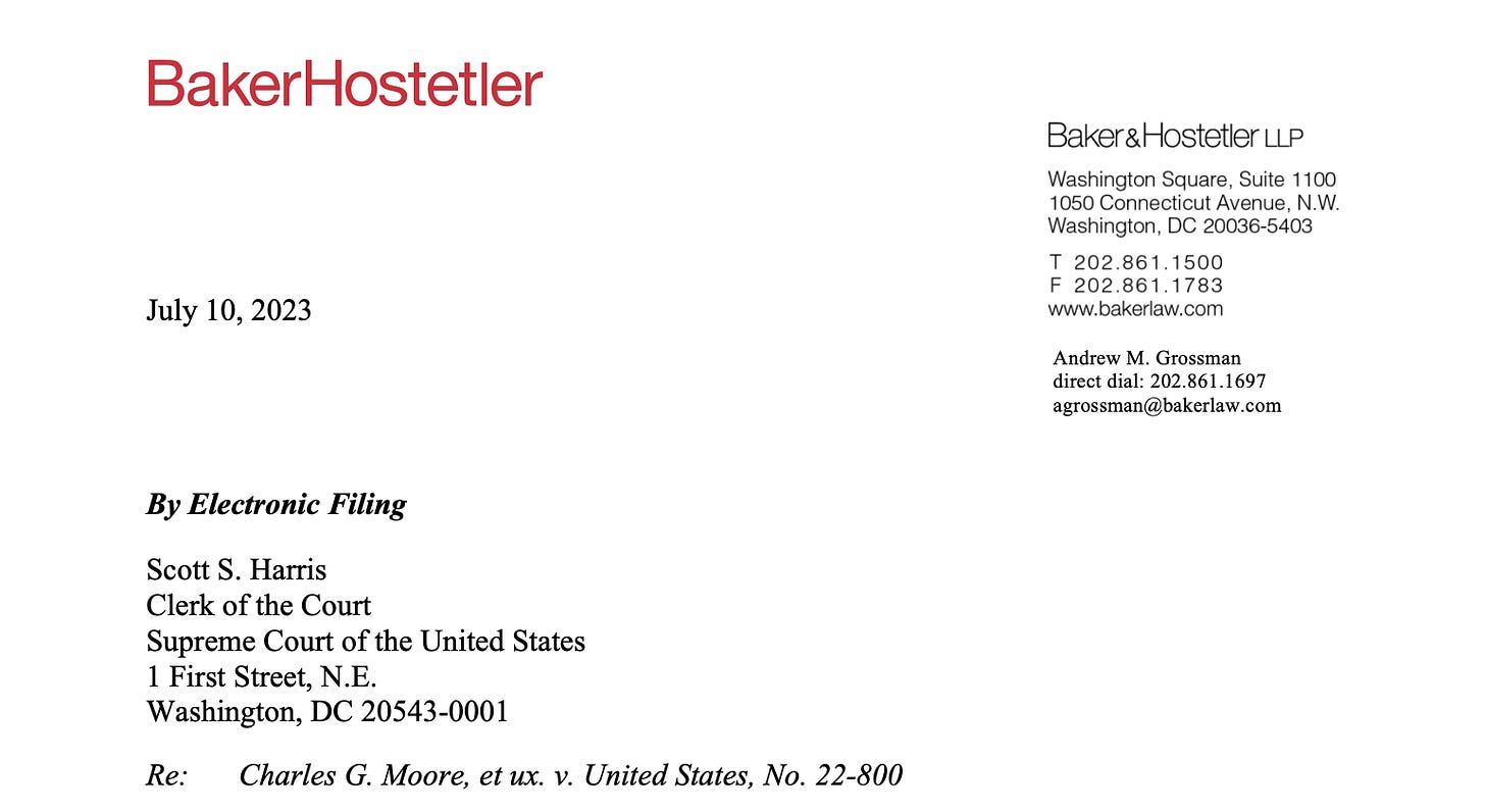 BakerHostetler letterhead submitted in Moore v. US on July 10, 2023.