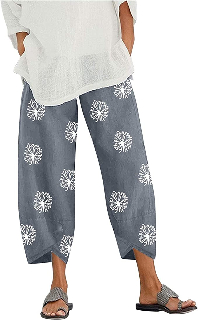 Women&#39;s Cotton Linen Capri Pants for Women Elastic Waist Palazzo Lounge Pants Summer Loose Sweatpants Trousers with Pocket