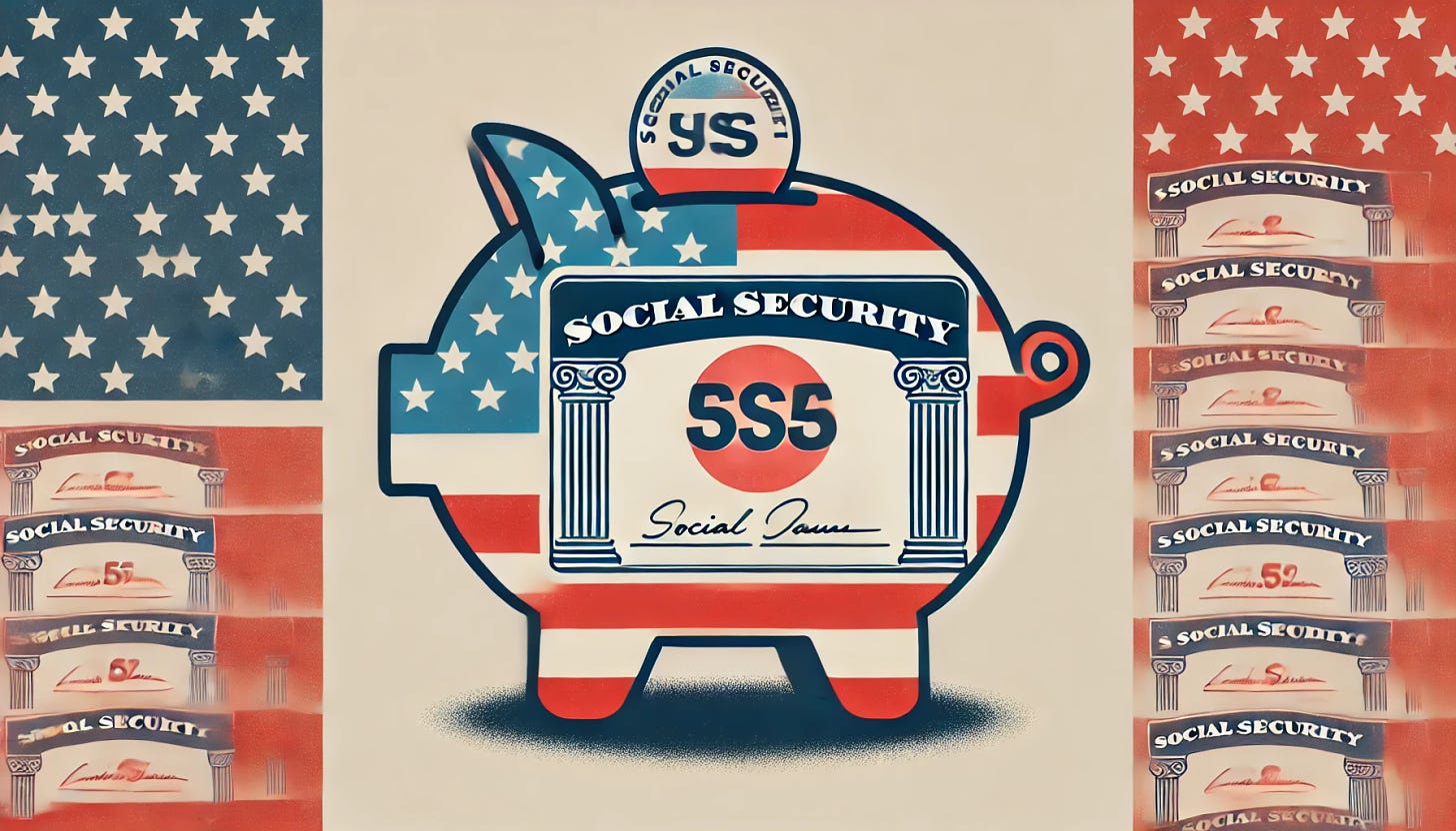 A minimalist graphic in landscape format using red, white, and blue to represent the Presidential candidate's impact on Social Security. The image features a piggy bank with the American flag pattern and a Social Security card, symbolizing the connection between elections and Social Security. The design is clean with no text and a plain background.