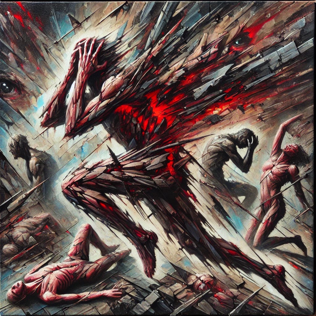 A square oil painting with a focus on the theme of injury and violence. The artwork should depict a turbulent and chaotic scene where abstract human figures are caught in the aftermath of a violent conflict. The background shows dark, oppressive elements, with red and black tones symbolizing pain and destruction. The figures themselves appear fractured, with sharp, jagged shapes representing both physical and emotional wounds. The overall composition conveys a sense of anguish, struggle, and injury.