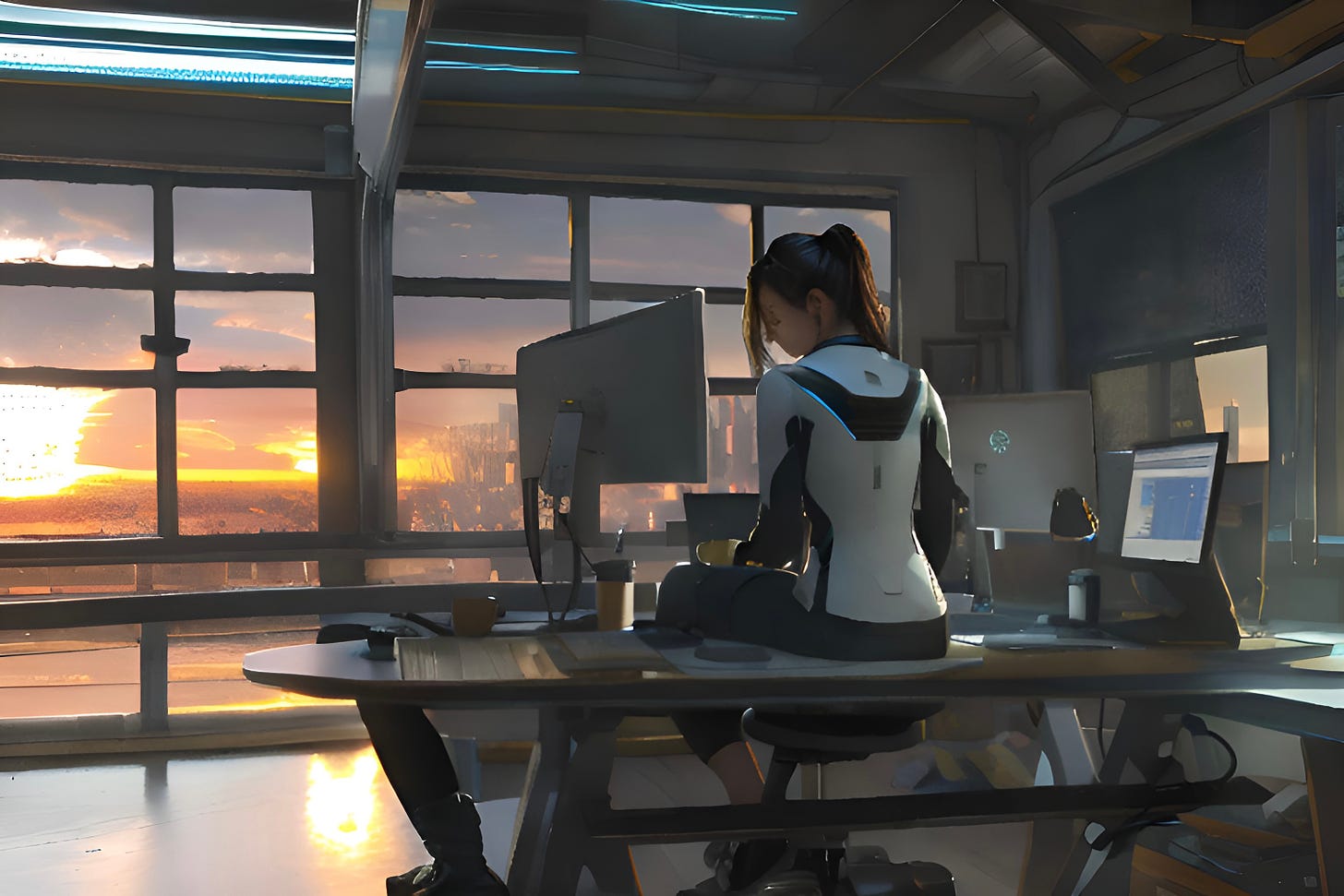 A young woman sits on a desk facing large windows that look out over a city