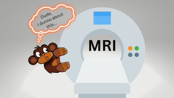A cartoon monkey peers around the big, scary MRI machine with an uncertain look. Dude, I dunno about this...