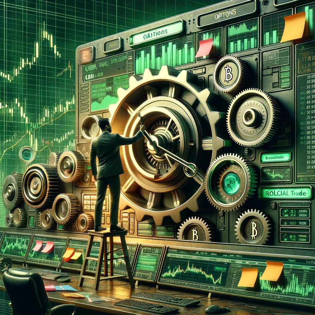 Create an image that captures the concept of a financial strategy session, focusing on the decision to take profits or roll a trade. The setting is a sophisticated, professional financial market environment. Include a figure calibrating or adjusting a large, complex machine that symbolizes the stock market, with gears and dials representing options and market volatility. The machine should have screens displaying graphs and data. Integrate elements such as post-it notes and popping-up email notifications around the workspace, symbolizing alerts and reminders. The color scheme should be predominantly dark green, light green, olive green, and Bitcoin orange, reflecting the blog's aesthetic. The image should convey a sense of meticulous analysis and strategic decision-making in finance.