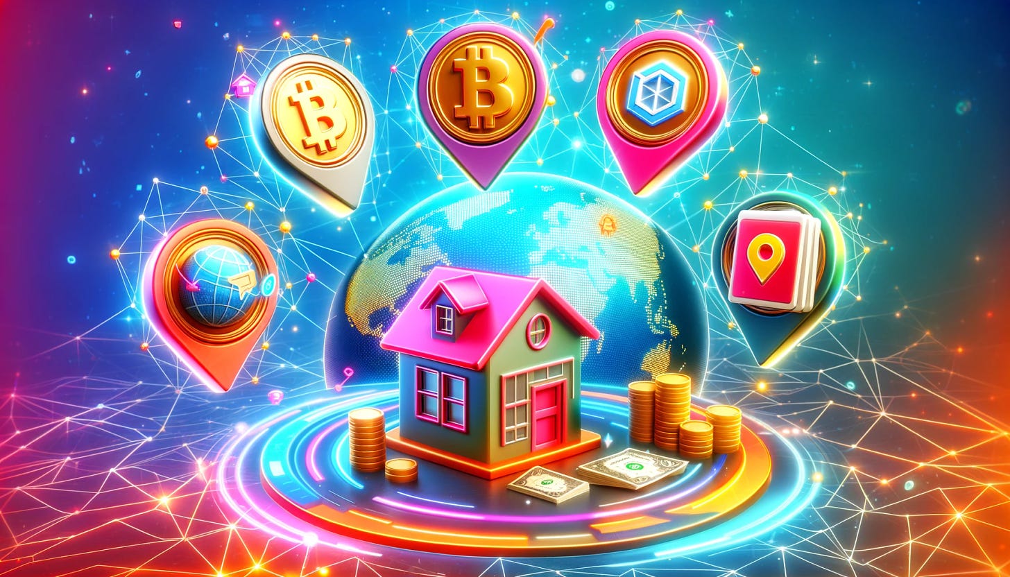 A vibrant and fun scene depicting real estate tokenization, including five different symbols related to the concept. The symbols could be a digital coin with a house icon, a blockchain network graphic, a smart contract icon, a digital wallet, and a global map pinpointing various real estate locations. The background should be colorful and engaging, with a modern, tech-inspired aesthetic, capturing the innovative and exciting nature of real estate tokenization.