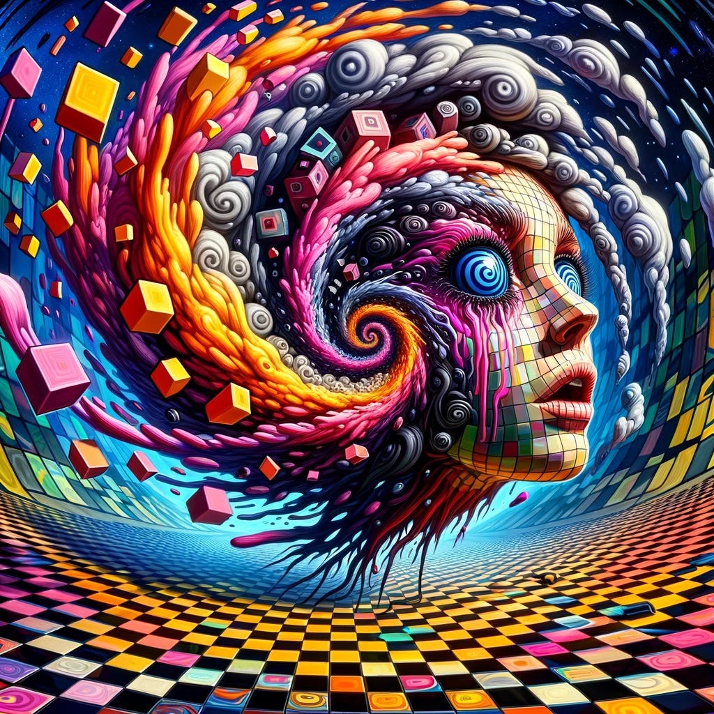 A startled woman's face made from mosaic tiles, dissolving into a spiral vortex of bright colours and shapes, above a warped checked floor.