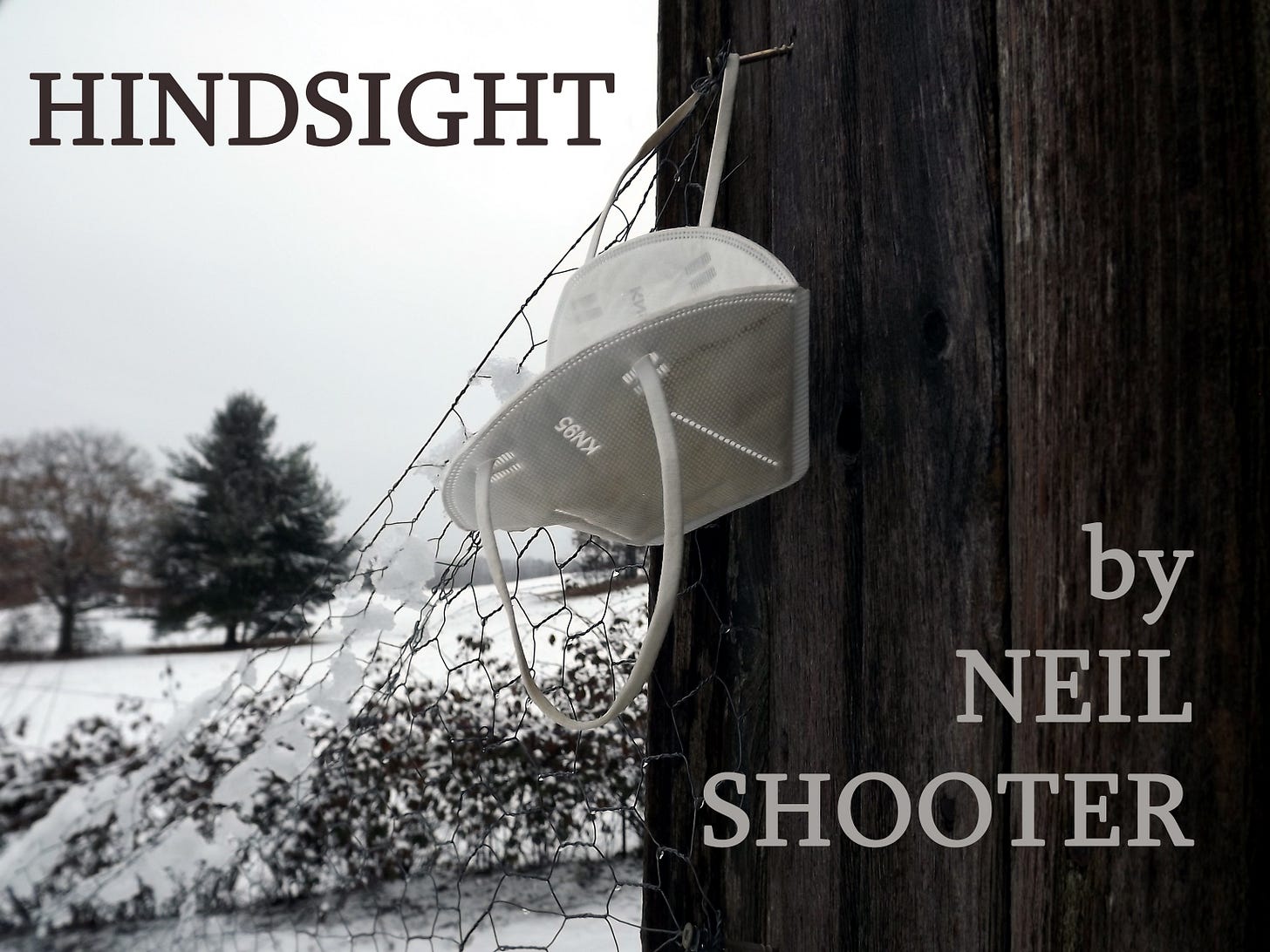 An old KN95 mask hangs on a nail in a wooden structure, beside a chicken wire fence. In the background, a snowy field and trees.