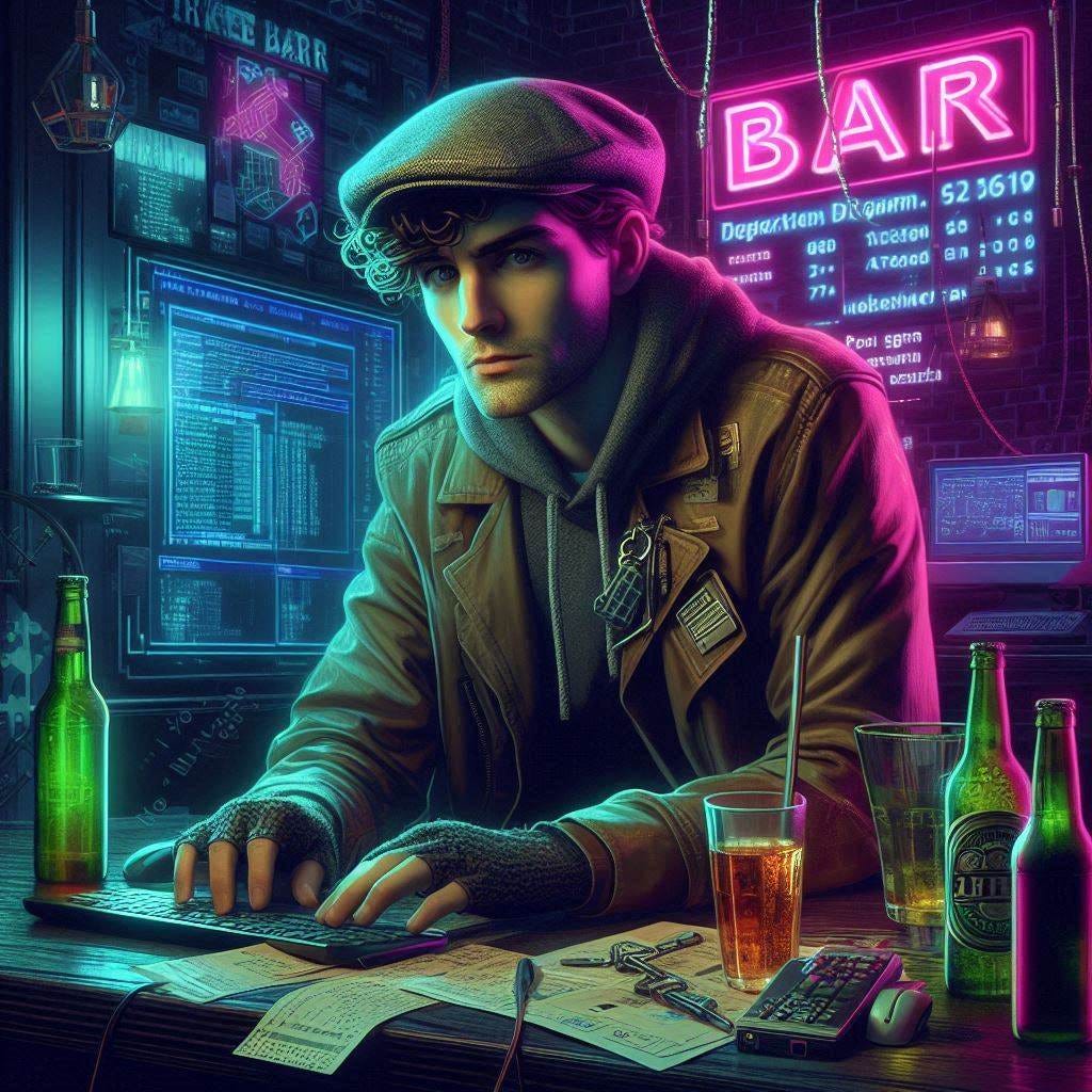 young irish hacker, 80s, bar, digital art, cyberpunk style