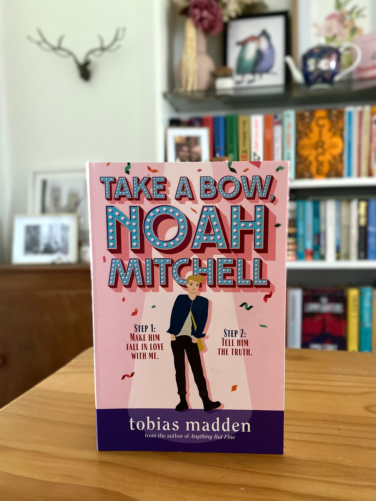 A pink book cover shows a nervous-looking teenage boy with his hands in his pockets and the title: Take a Bow, Noah Mitchell by Tobias Madden