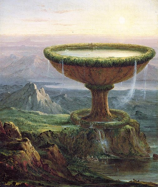Fantastical painting of a giant goblet rising up from the earth, towering over a mountain range. Waterfalls pour over the sides of the chalice. Artist: Thomas Cole Fantastical painting of a giant goblet rising up from the earth, towering over a mountain range. Waterfalls pour over the sides of the chalice. Artist: Thomas Cole