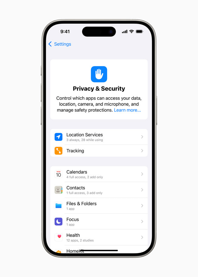 The refreshed Privacy & Security section in Settings is shown on iPhone 15 Pro.