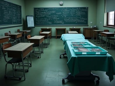 Grok Surgery Classroom AI image of a dim classroom with student desks and a surgery table.